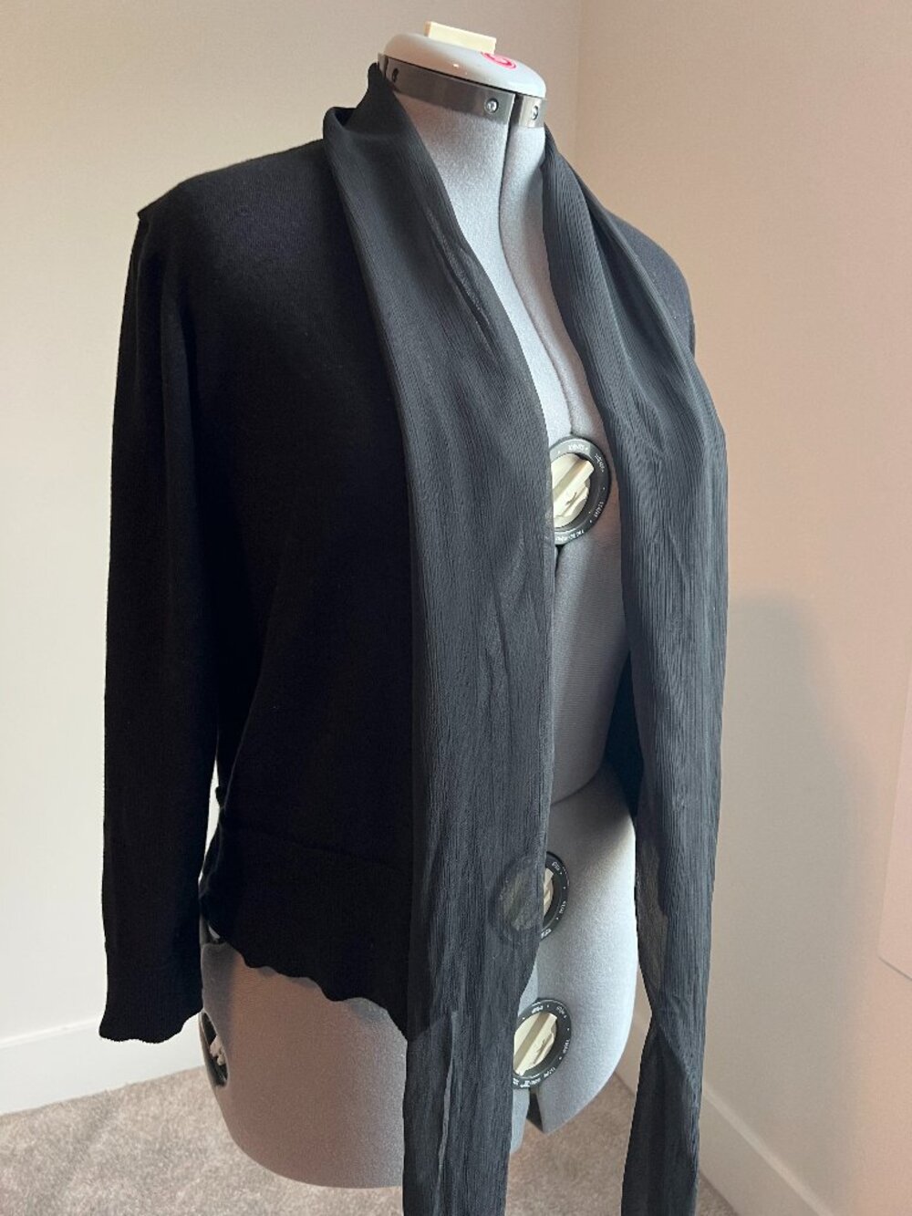 Anne Klein Open-Front Knit-Chiffon Cardigan in Black